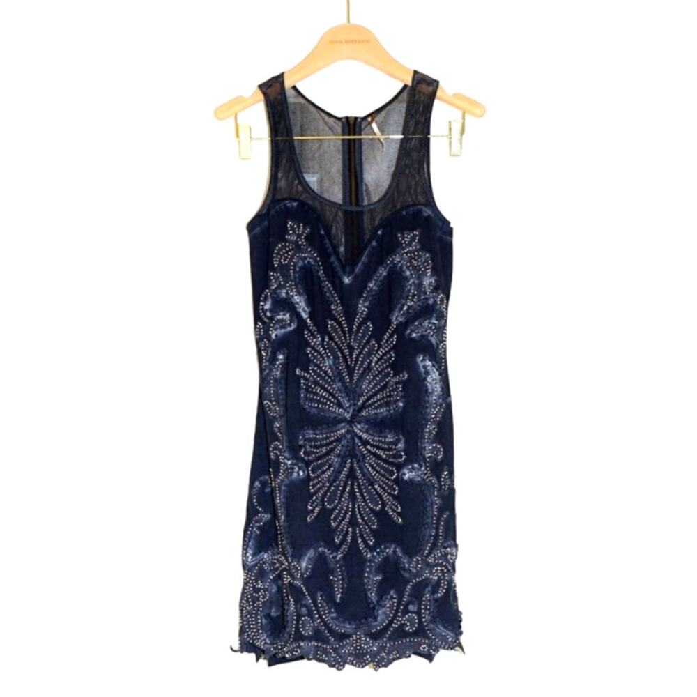 Free People - Ice Ice Baby Sleeveless Beaded Mini Dress Knit Mesh Navy Blue / XS